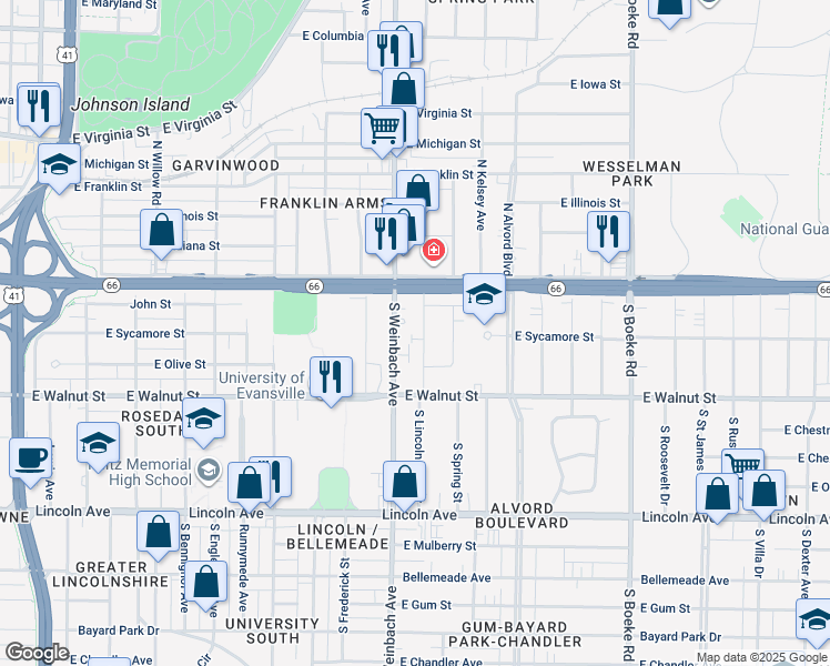 map of restaurants, bars, coffee shops, grocery stores, and more near 205 South Lincoln Park Drive in Evansville