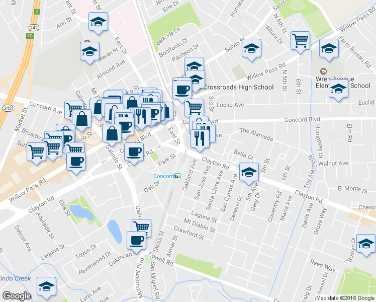 map of restaurants, bars, coffee shops, grocery stores, and more near Clayton Road in Concord