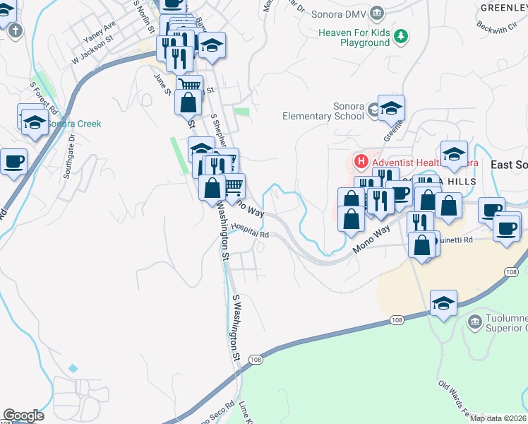 map of restaurants, bars, coffee shops, grocery stores, and more near 732 Barretta Street in Sonora