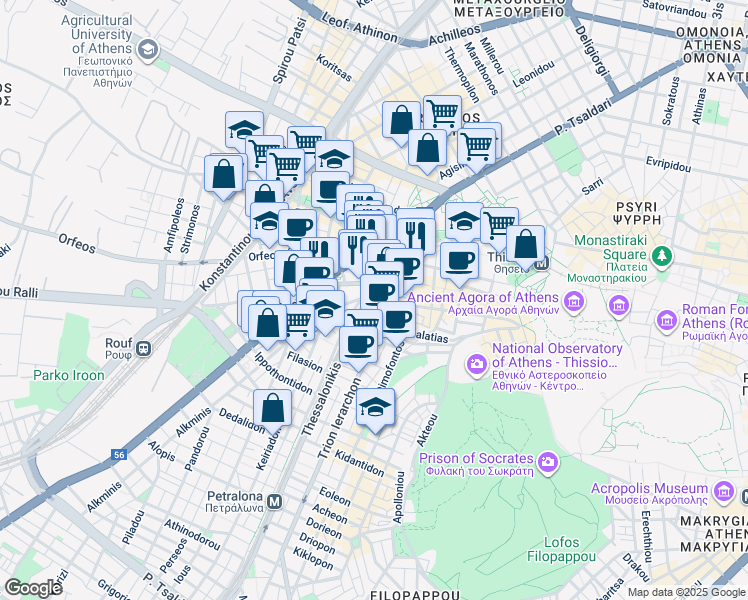 map of restaurants, bars, coffee shops, grocery stores, and more near in Athina