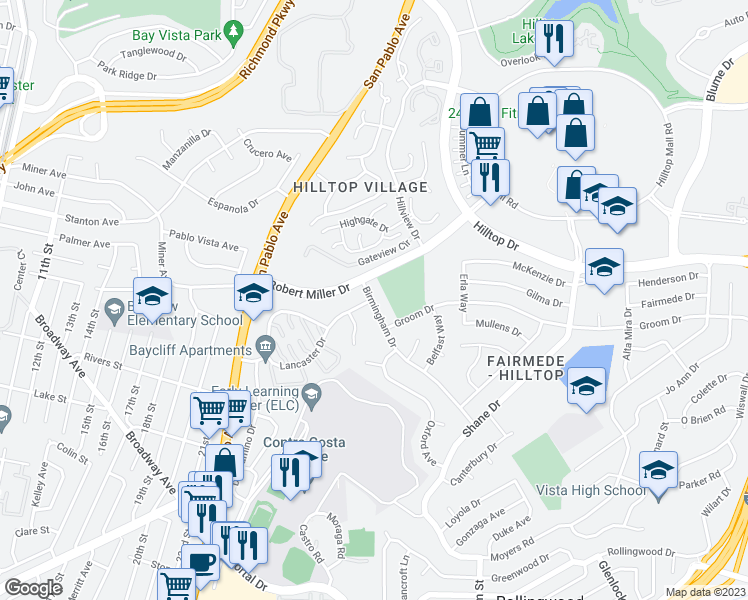 map of restaurants, bars, coffee shops, grocery stores, and more near 3142 Birmingham Drive in Richmond