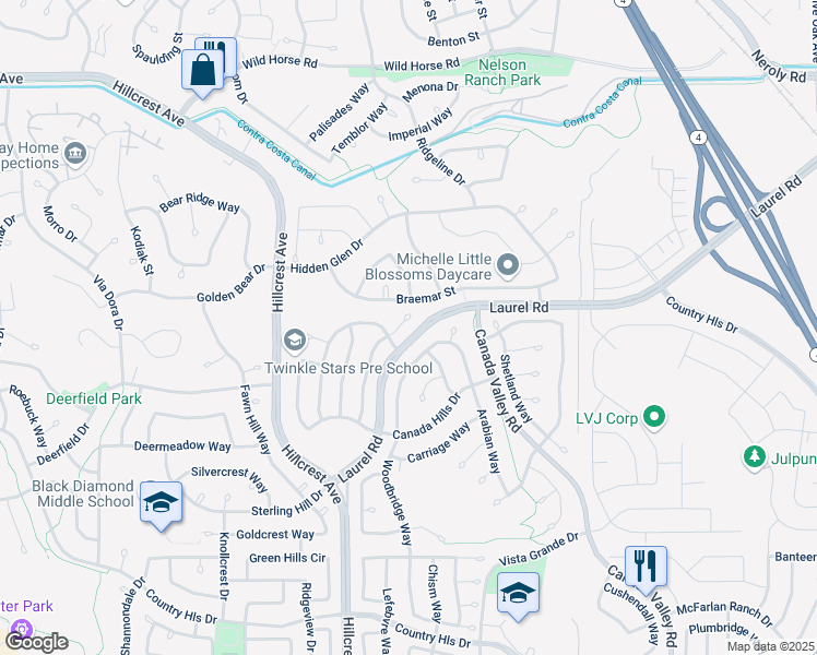 map of restaurants, bars, coffee shops, grocery stores, and more near 4813 Bridle Court in Antioch