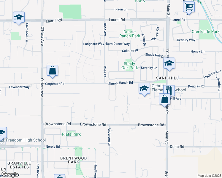 map of restaurants, bars, coffee shops, grocery stores, and more near 138 Little Ranch Circle in Oakley