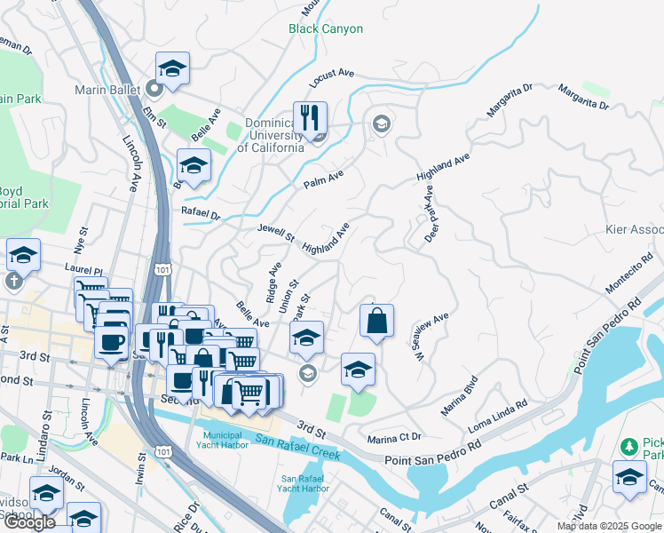 map of restaurants, bars, coffee shops, grocery stores, and more near 217 Jewell Street in San Rafael