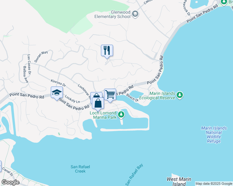 map of restaurants, bars, coffee shops, grocery stores, and more near Point San Pedro Rd & Bayview Dr in San Rafael