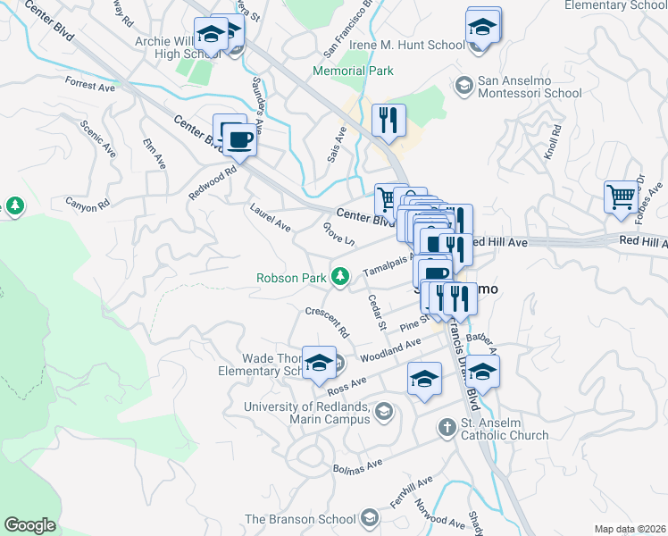 map of restaurants, bars, coffee shops, grocery stores, and more near 7 Myrtle Lane in San Anselmo