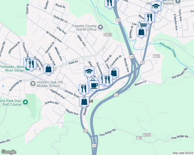 map of restaurants, bars, coffee shops, grocery stores, and more near 74 Washington Avenue in Oak Hill