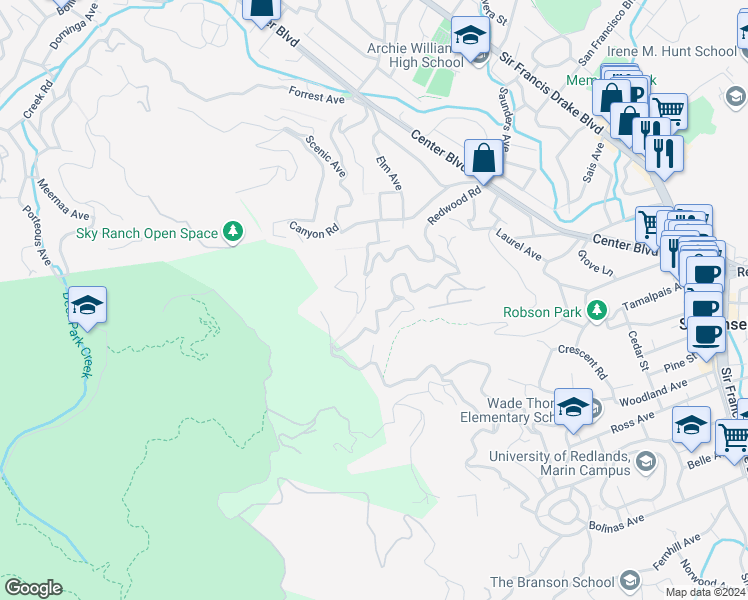 map of restaurants, bars, coffee shops, grocery stores, and more near 39 Allyn Avenue in San Anselmo