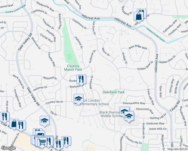 map of restaurants, bars, coffee shops, grocery stores, and more near 4505 Buckeye Court in Antioch