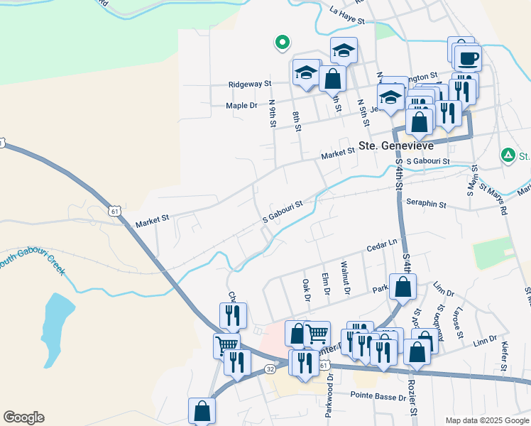 map of restaurants, bars, coffee shops, grocery stores, and more near 194 South 10th Street in Ste. Genevieve