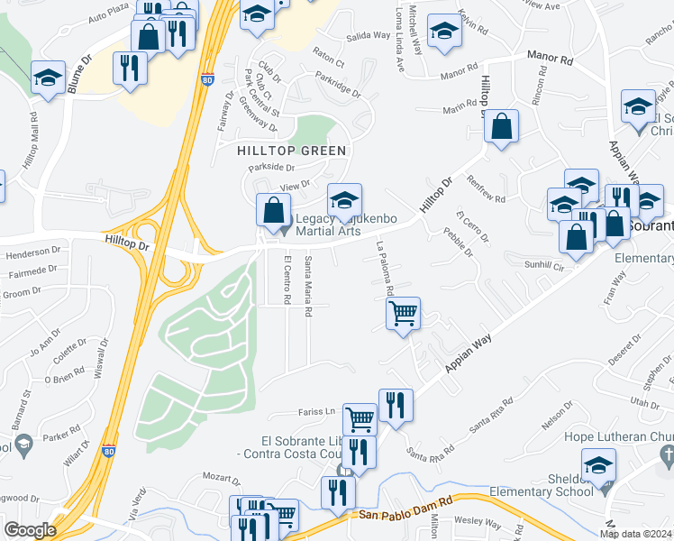 map of restaurants, bars, coffee shops, grocery stores, and more near 749 El Patio Road in El Sobrante
