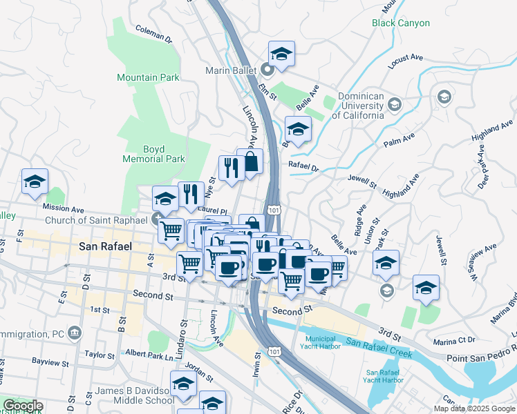 map of restaurants, bars, coffee shops, grocery stores, and more near 39 Stevens Place in San Rafael