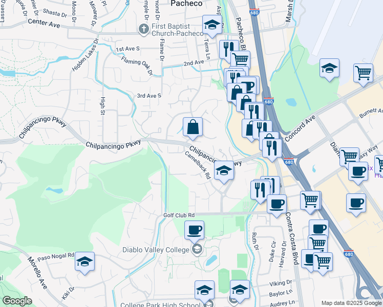 map of restaurants, bars, coffee shops, grocery stores, and more near 325 Camelback Road in Pleasant Hill