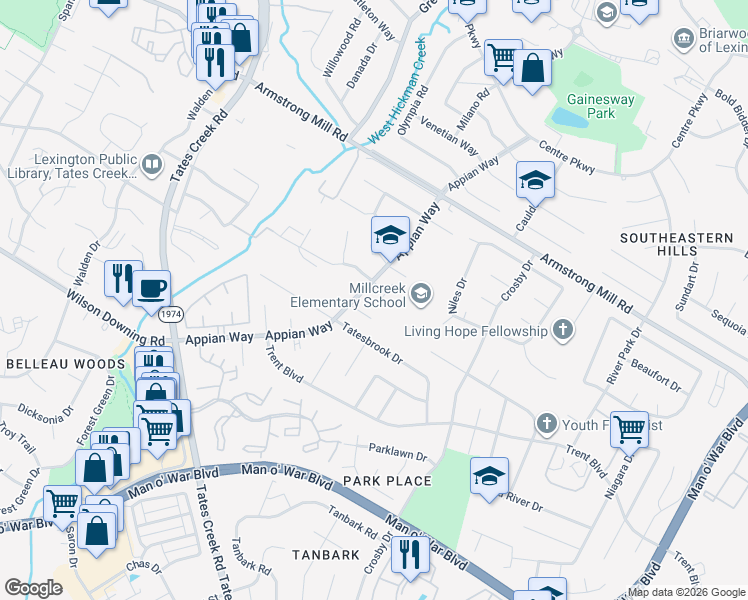 map of restaurants, bars, coffee shops, grocery stores, and more near 1212 Appian Circle in Lexington