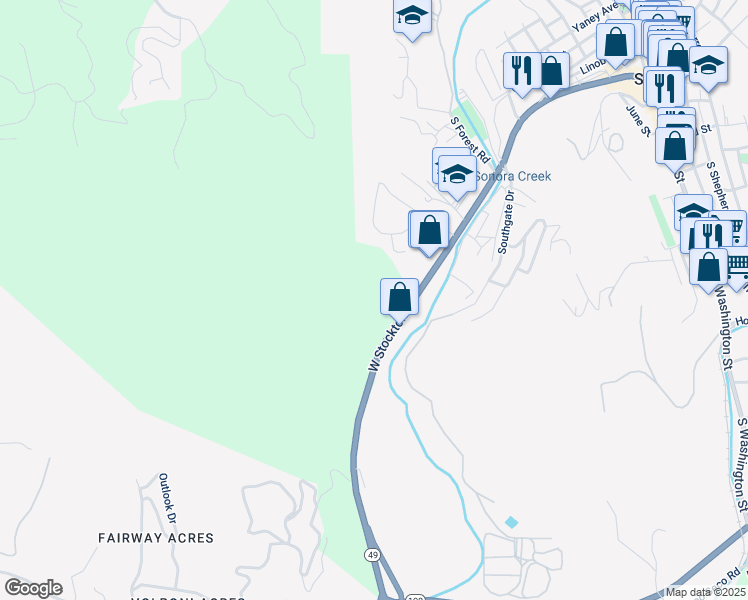 map of restaurants, bars, coffee shops, grocery stores, and more near 19440 West Stockton Street in Sonora