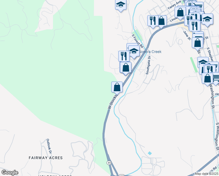 map of restaurants, bars, coffee shops, grocery stores, and more near 19440 West Stockton Street in Sonora