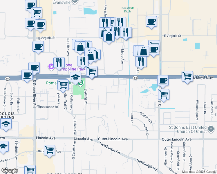 map of restaurants, bars, coffee shops, grocery stores, and more near 40 Royal Avenue in Evansville