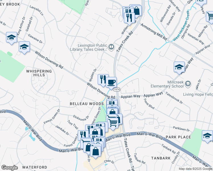 map of restaurants, bars, coffee shops, grocery stores, and more near 3860 Sugar Creek Drive in Lexington