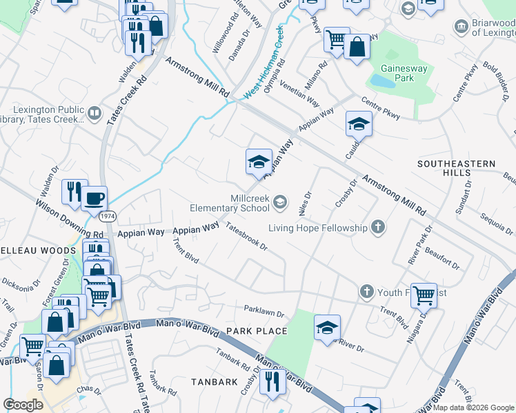 map of restaurants, bars, coffee shops, grocery stores, and more near 1232 Appian Circle in Lexington
