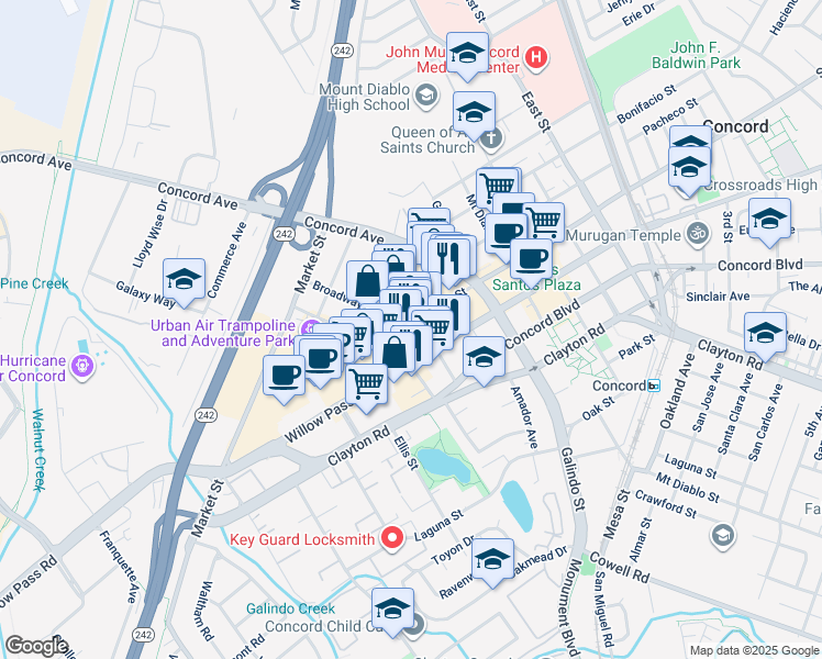 map of restaurants, bars, coffee shops, grocery stores, and more near 1828 Salvio Street in Concord
