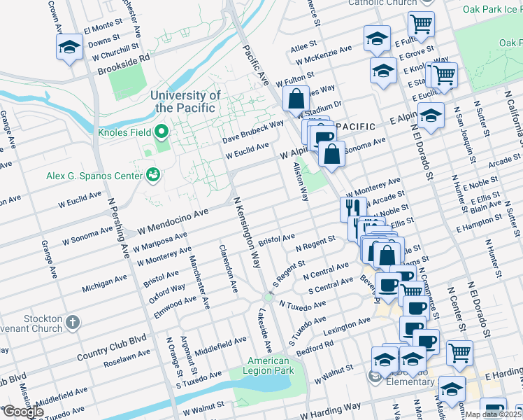 map of restaurants, bars, coffee shops, grocery stores, and more near 824 West Mariposa Avenue in Stockton