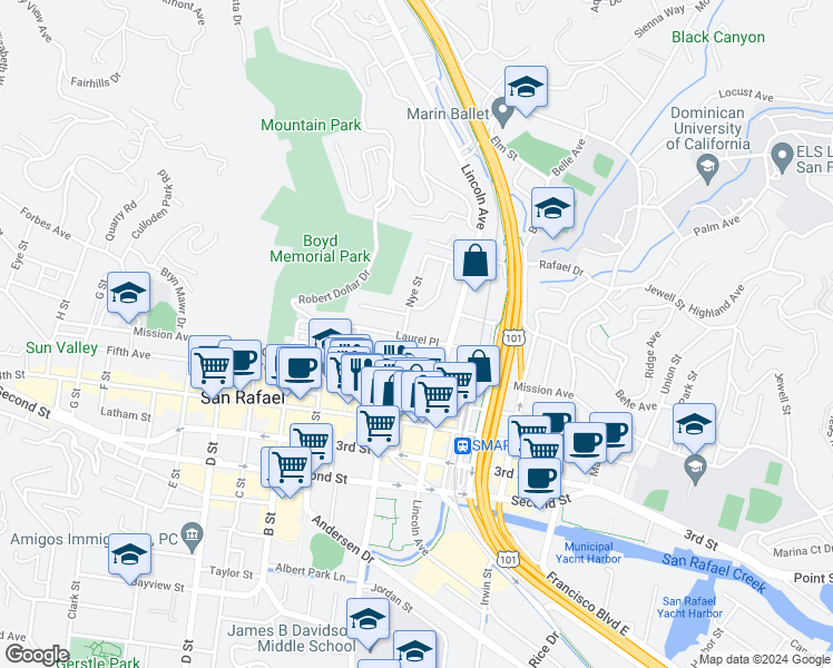 map of restaurants, bars, coffee shops, grocery stores, and more near 124 Laurel Place in San Rafael