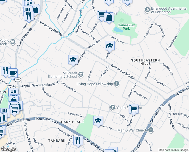 map of restaurants, bars, coffee shops, grocery stores, and more near 1205 Crosby Court in Lexington