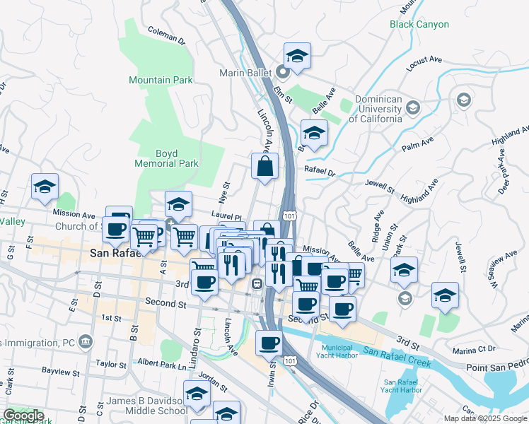map of restaurants, bars, coffee shops, grocery stores, and more near 39 Stevens Place in San Rafael