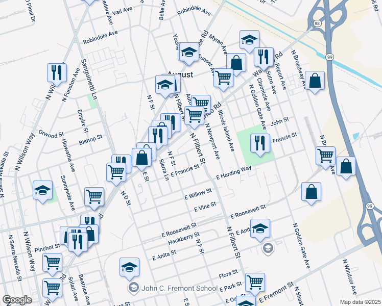 map of restaurants, bars, coffee shops, grocery stores, and more near 2460 John Street in Stockton