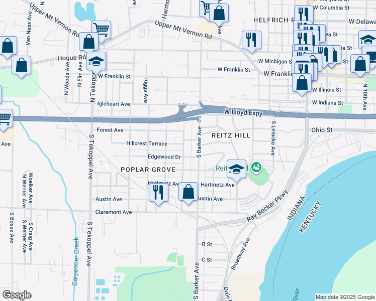 map of restaurants, bars, coffee shops, grocery stores, and more near 214 Leslie Avenue in Evansville