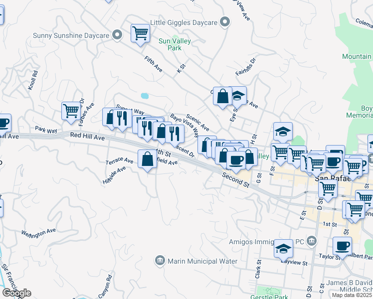 map of restaurants, bars, coffee shops, grocery stores, and more near 30 East Crescent Drive in San Rafael