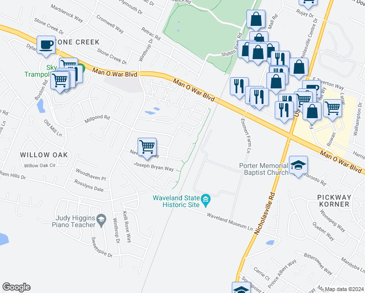map of restaurants, bars, coffee shops, grocery stores, and more near 433 Newbury Way in Lexington