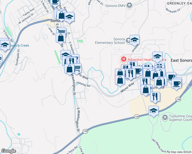 map of restaurants, bars, coffee shops, grocery stores, and more near 186-19468 Truckenmiller Rd in Sonora