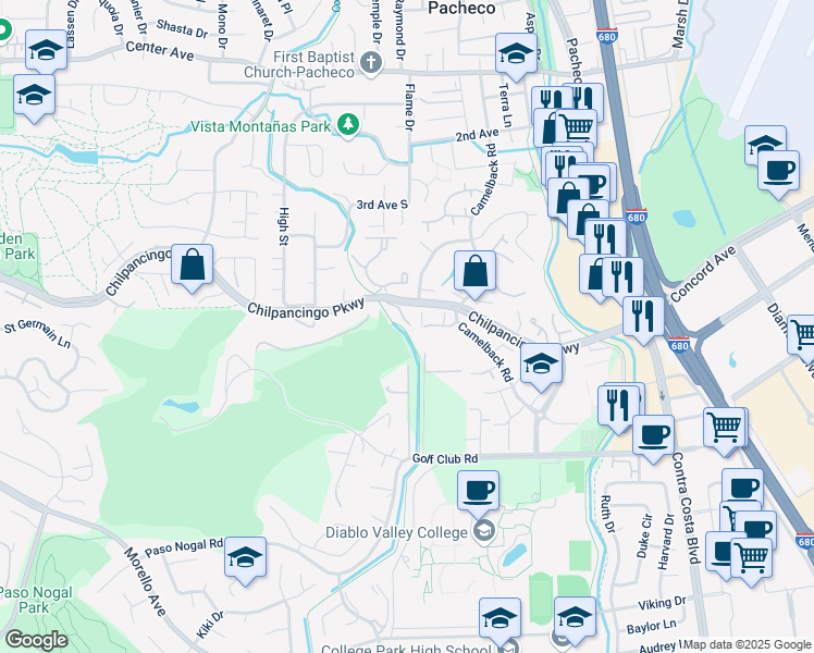 map of restaurants, bars, coffee shops, grocery stores, and more near 309 Country View Lane in Pleasant Hill