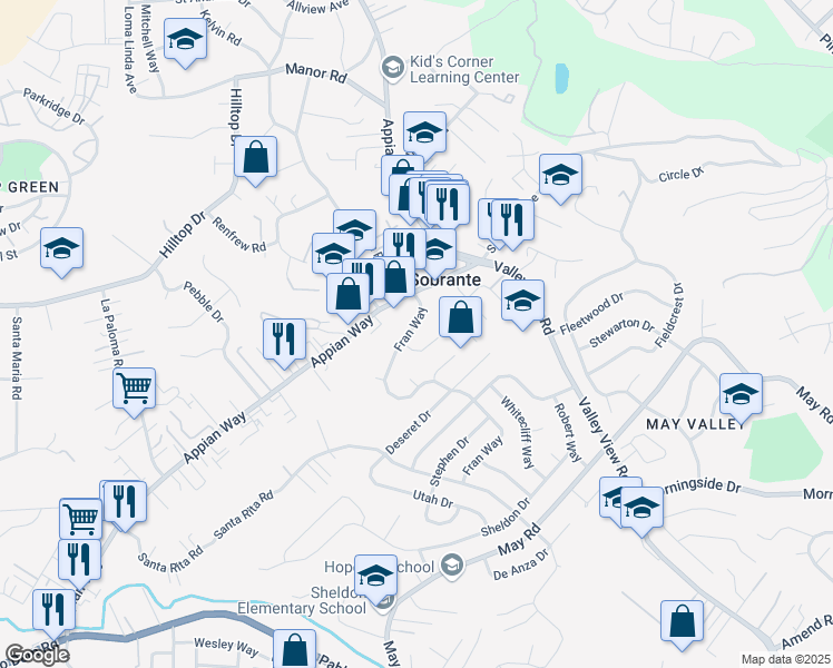 map of restaurants, bars, coffee shops, grocery stores, and more near 4162 Fran Way in Richmond