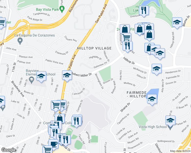 map of restaurants, bars, coffee shops, grocery stores, and more near 3142 Birmingham Drive in Richmond