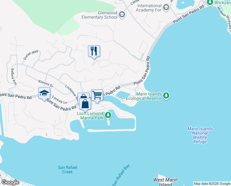 map of restaurants, bars, coffee shops, grocery stores, and more near 732 Point San Pedro Road in San Rafael