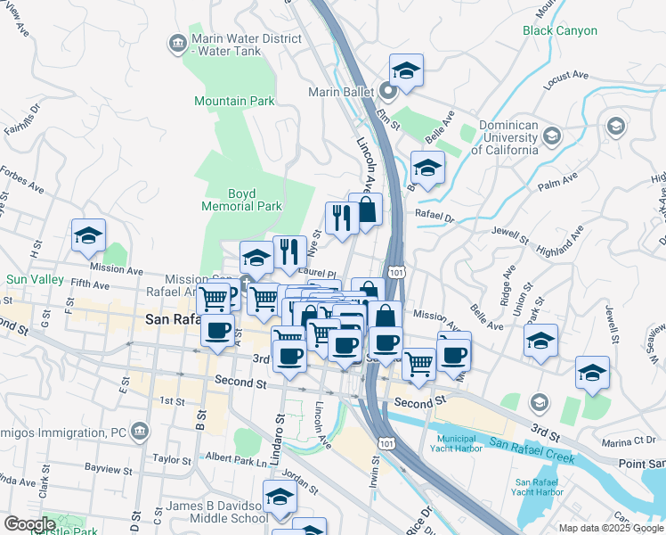 map of restaurants, bars, coffee shops, grocery stores, and more near 1310 Lincoln Avenue in San Rafael