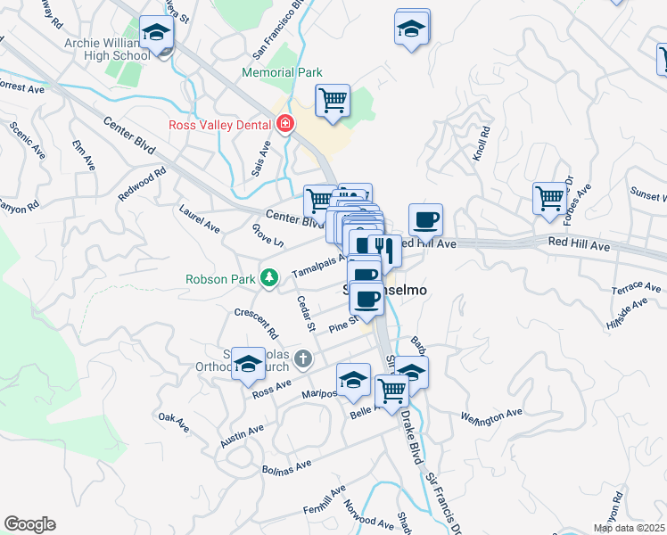 map of restaurants, bars, coffee shops, grocery stores, and more near in San Anselmo