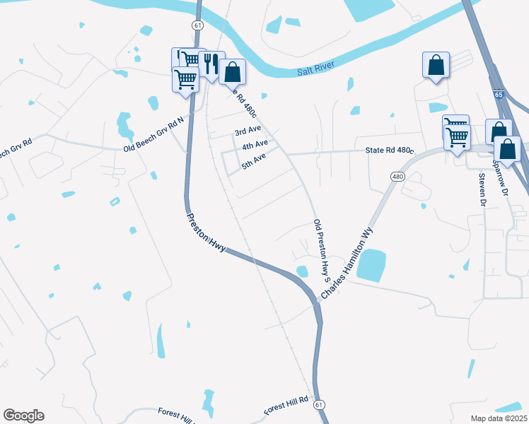 map of restaurants, bars, coffee shops, grocery stores, and more near 239 7th Avenue in Shepherdsville