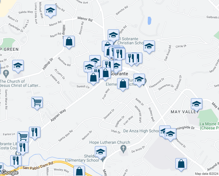 map of restaurants, bars, coffee shops, grocery stores, and more near 4169 Fran Way in Richmond