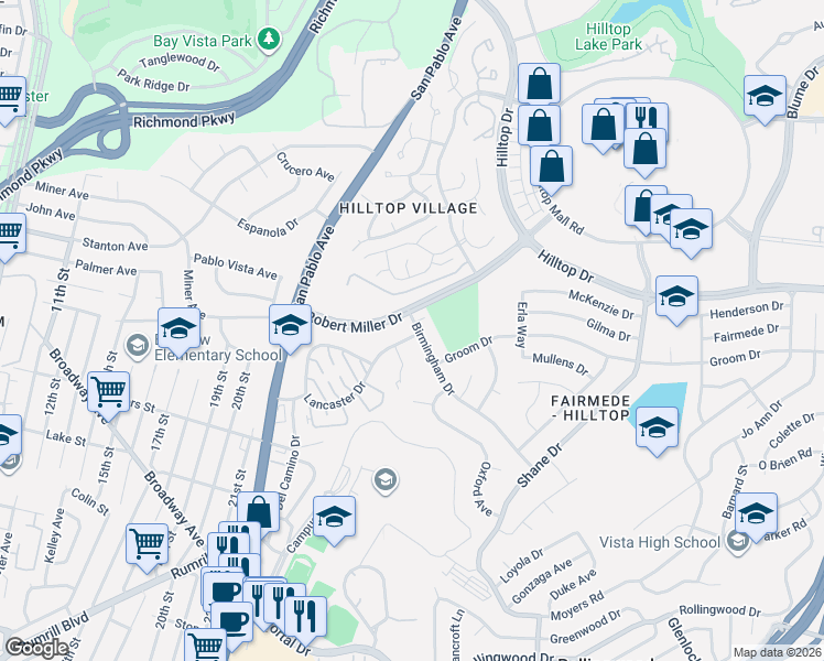 map of restaurants, bars, coffee shops, grocery stores, and more near 3161 Birmingham Drive in Richmond