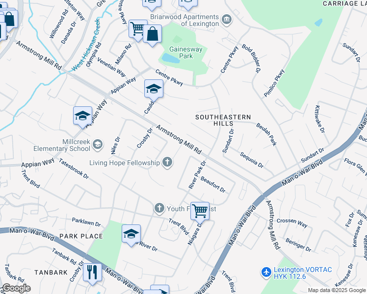 map of restaurants, bars, coffee shops, grocery stores, and more near 3600 Grace Drive in Lexington