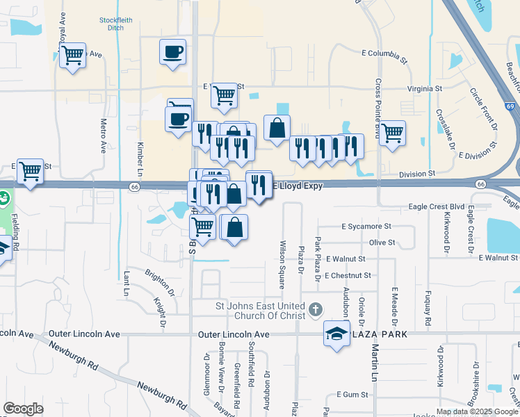 map of restaurants, bars, coffee shops, grocery stores, and more near 6625 East Lloyd Expressway in Evansville