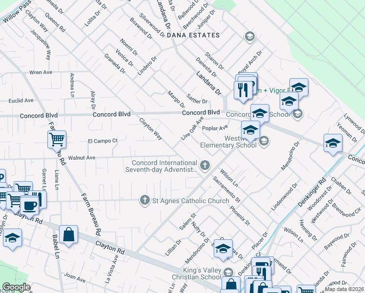 map of restaurants, bars, coffee shops, grocery stores, and more near 4025 Susanwood Drive in Concord