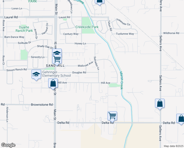 map of restaurants, bars, coffee shops, grocery stores, and more near 223 Douglas Road in Oakley