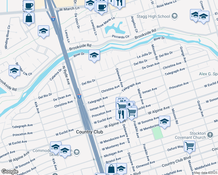 map of restaurants, bars, coffee shops, grocery stores, and more near 2317 Christina Avenue in Stockton