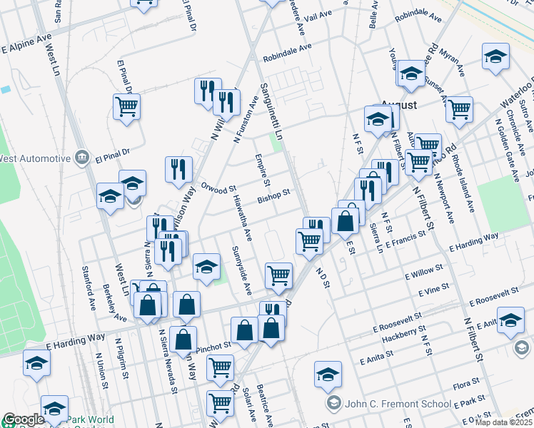 map of restaurants, bars, coffee shops, grocery stores, and more near 2061 Bradford Street in Stockton