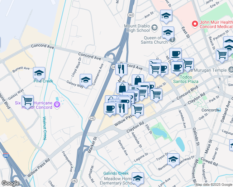 map of restaurants, bars, coffee shops, grocery stores, and more near 1970 Market Street in Concord
