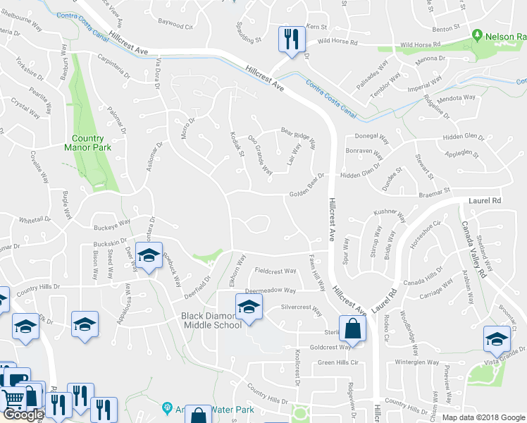map of restaurants, bars, coffee shops, grocery stores, and more near 4572 Wildcat Circle in Antioch